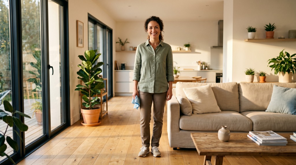 Professionnelle du ménage MaisonClean souriante dans un hébergement chaleureux et baigné de lumière