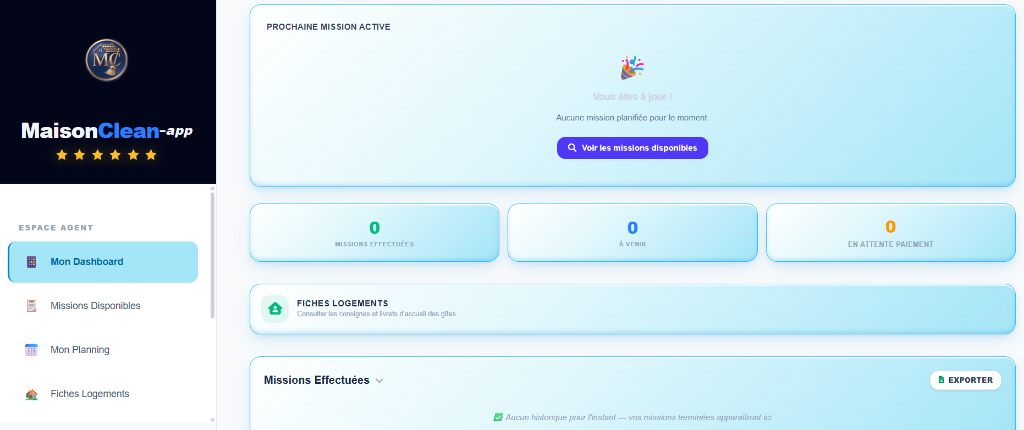 Interface MaisonClean — Espace Agent avec missions disponibles, planning et fiches logements