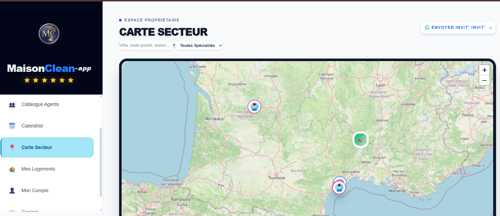 Interface MaisonClean — Carte Secteur avec les agents géolocalisés en France