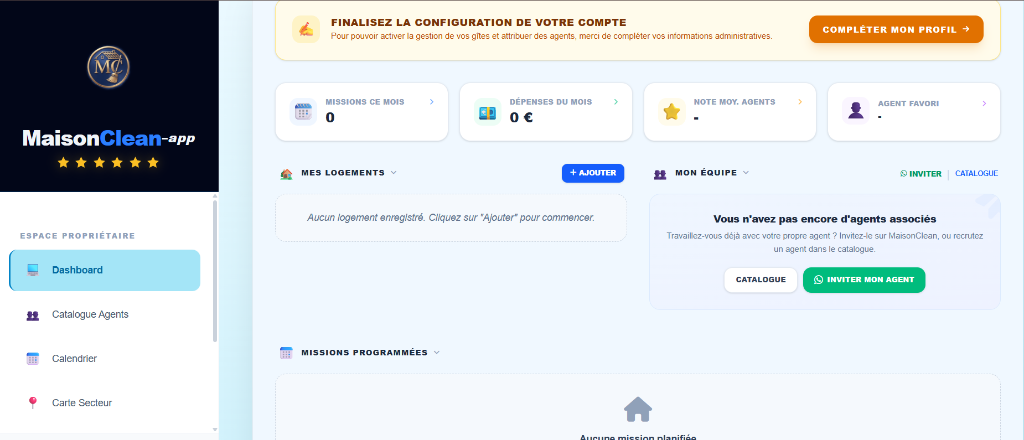 Interface MaisonClean — Espace Propriétaire avec volet vertical de navigation et tableau de bord